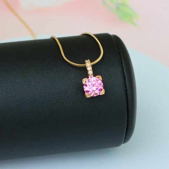 "Elegant Pink Round Pendant with Gold Plated Sparkling Bail Detail, XPPT1720 - Picture 4 of 13